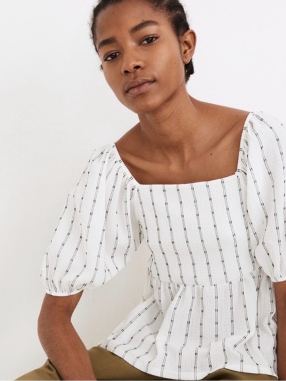 Madewell White Square-Neck Puff Sleeve Peplum Top with black Pinstripes